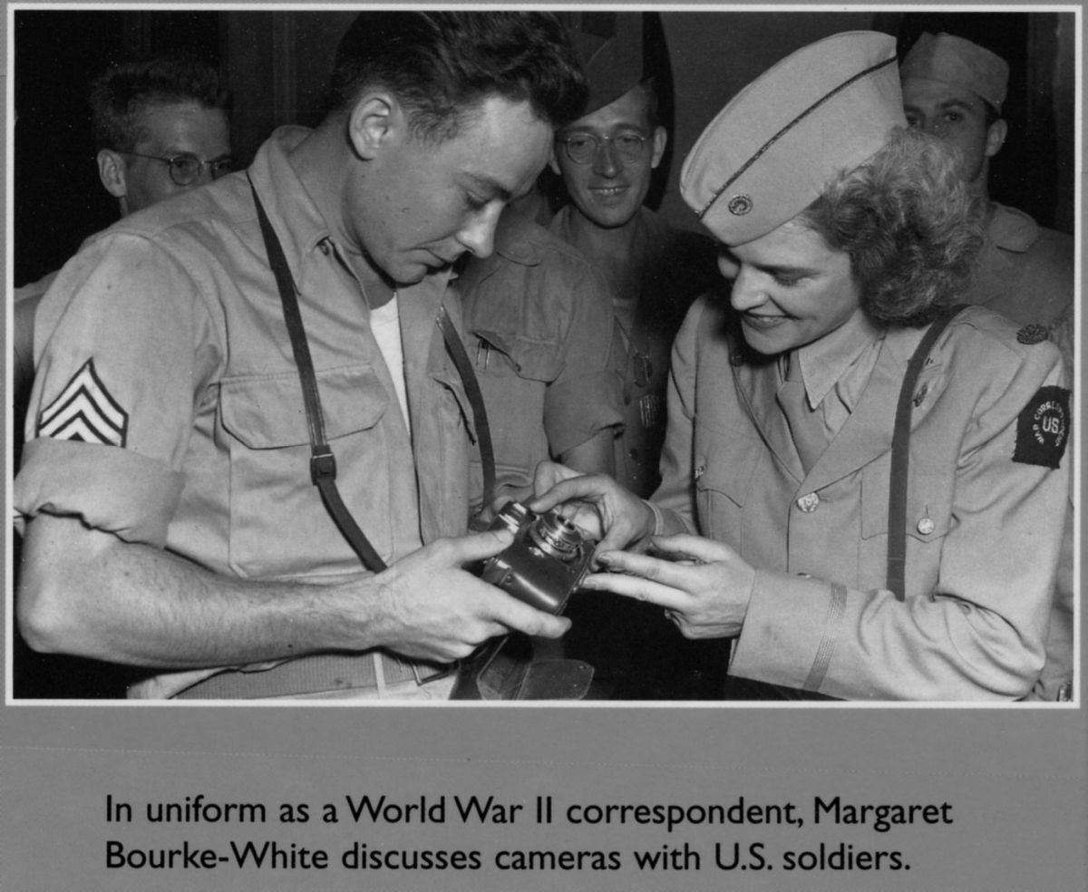 Margaret Bourke-White with US soldier holding Argus CC camera